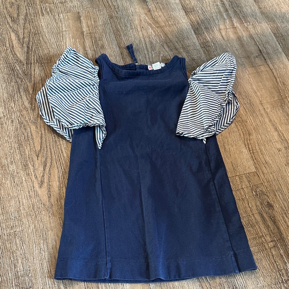Crewcuts Navy Dress with Striped Sleeves